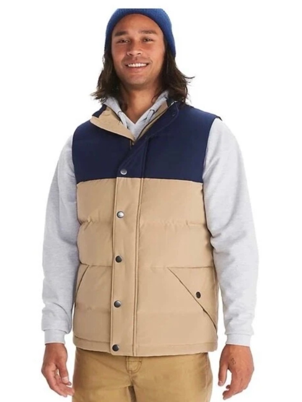 Marmot Two-Tone Puffer Vest in Navy & Tan